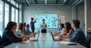 Equipe industrial em treinamento colaborativo com hologramas de inteligência artificial