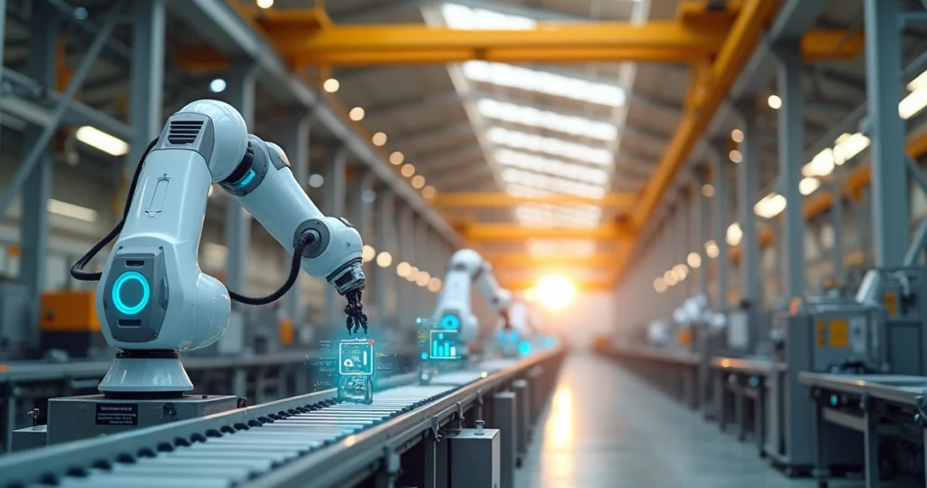 Braço robótico colaborativo com sensores em grande planta industrial automatizada