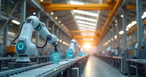 Braço robótico colaborativo com sensores em grande planta industrial automatizada