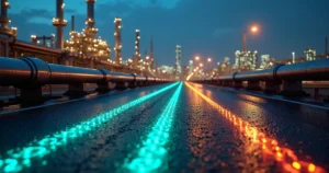 Interseção entre tubulações industriais e vias de dados digitais bem organizados