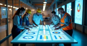 Equipes industriais reunidas ao redor de mesa interativa com dashboards coloridos