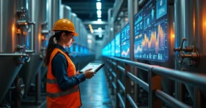 Engenheira em fábrica observando partículas de dados formando gráficos holográficos