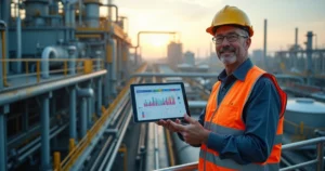 Engenheiro compara tablet com relatório impresso em ambiente industrial