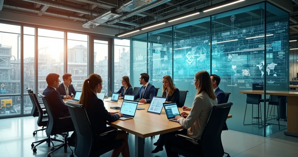 Executivos em escritório de indústria conectados por dados digitais a área de produção