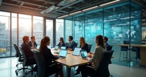 Executivos em escritório de indústria conectados por dados digitais a área de produção