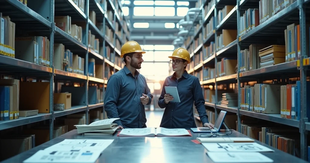 Engenheiros em biblioteca técnica metálica com prateleiras vazias e cheias de documentos na fábrica