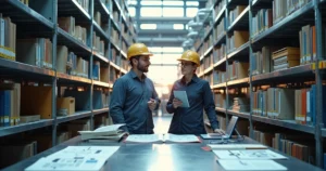 Engenheiros em biblioteca técnica metálica com prateleiras vazias e cheias de documentos na fábrica