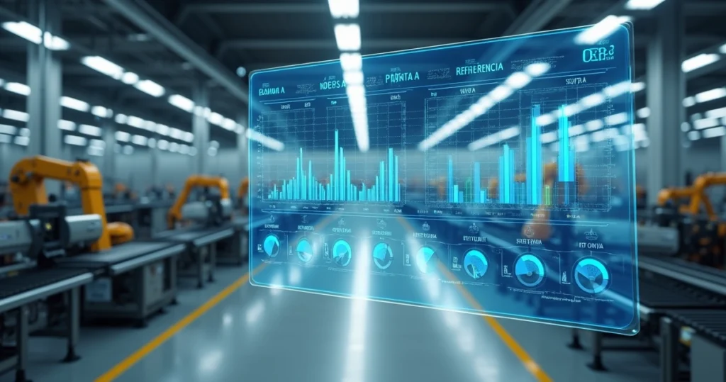 Linha de produção industrial moderna ao lado de gráficos comparativos digitais