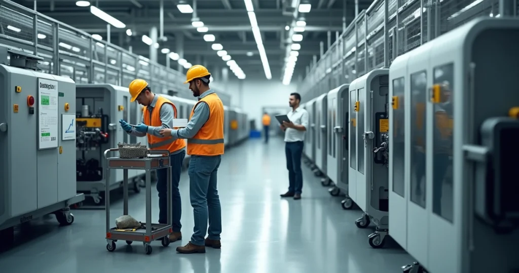 Operadores ajustando máquina com checklist de manutenção ao lado da linha de produção