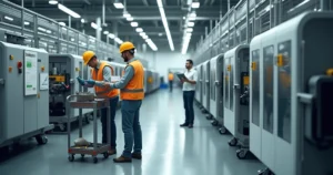 Operadores ajustando máquina com checklist de manutenção ao lado da linha de produção