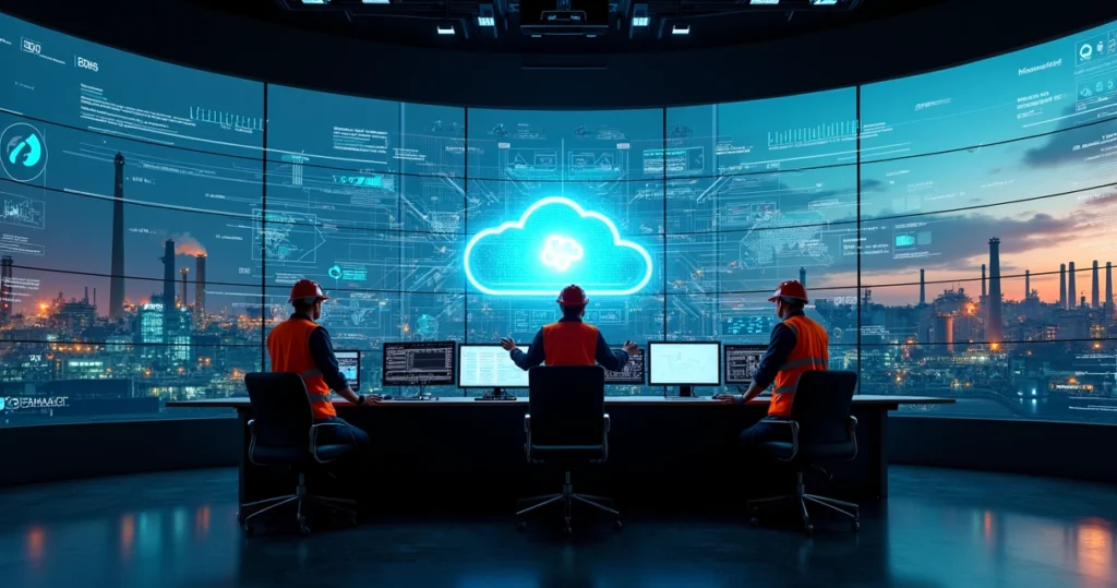 Sala de controle industrial moderna com dados em nuvem em grandes telas