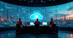 Sala de controle industrial moderna com dados em nuvem em grandes telas