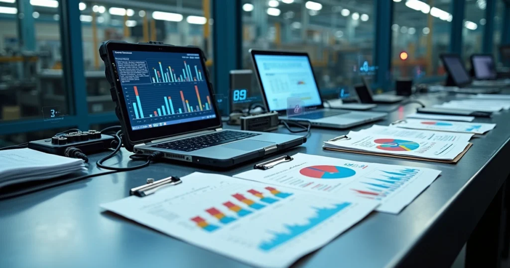 Dados de demanda industrial fragmentados em planilhas e telas digitais sobre bancada metálica