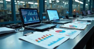 Dados de demanda industrial fragmentados em planilhas e telas digitais sobre bancada metálica
