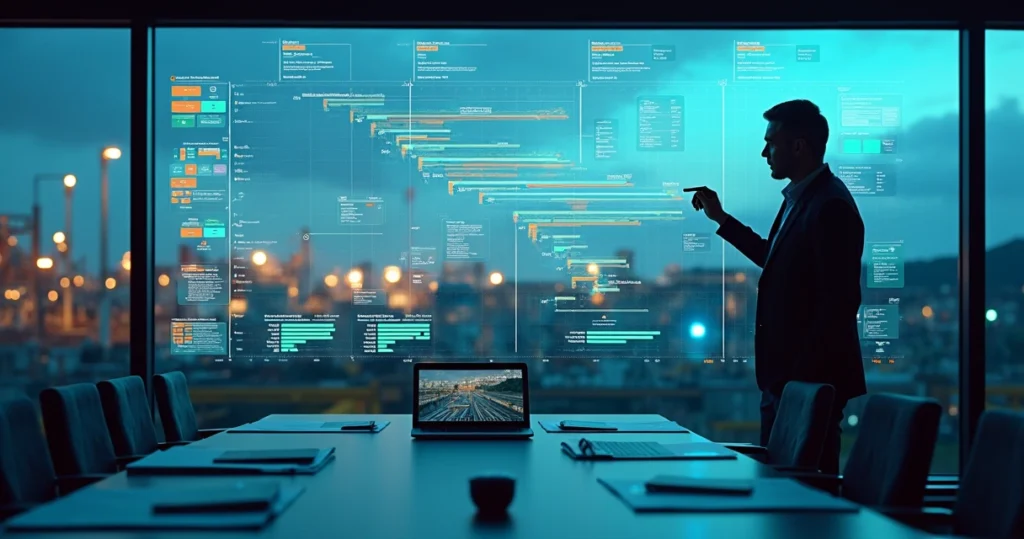 Gestor de projetos analisando mapa digital com dados e prazos