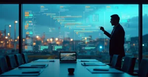 Gestor de projetos analisando mapa digital com dados e prazos