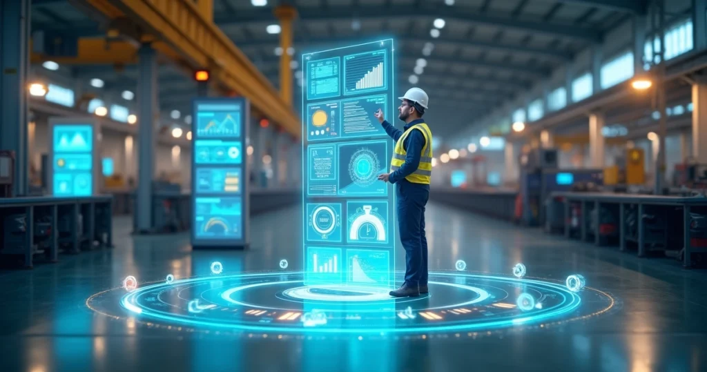 Gestor ajustando painel vertical com dashboards coloridos no chão de fábrica