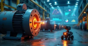Robo inspeciona motor industrial com sensores conectados a dashboard digital