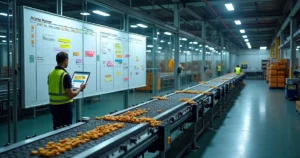 Linha de produção industrial vista de cima com produtos desalinhados e operador observando quadro de planejamento