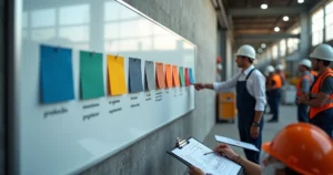 Parede de fábrica com cartões coloridos destacando prioridades de custos industriais