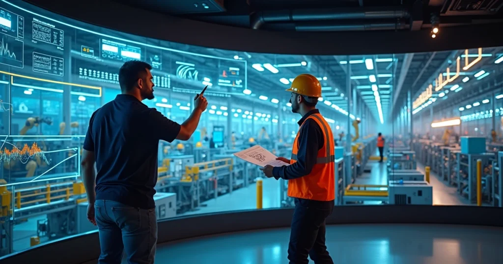 Sala de controle industrial com profissionais de TI e operações colaborando frente a grandes telas