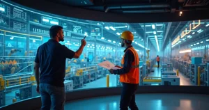 Sala de controle industrial com profissionais de TI e operações colaborando frente a grandes telas