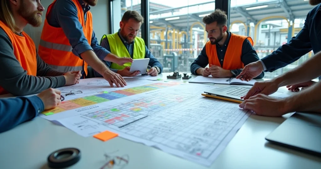 Equipe de engenheiros de manutenção analisando matriz de criticidade sobre grande mesa de projeto
