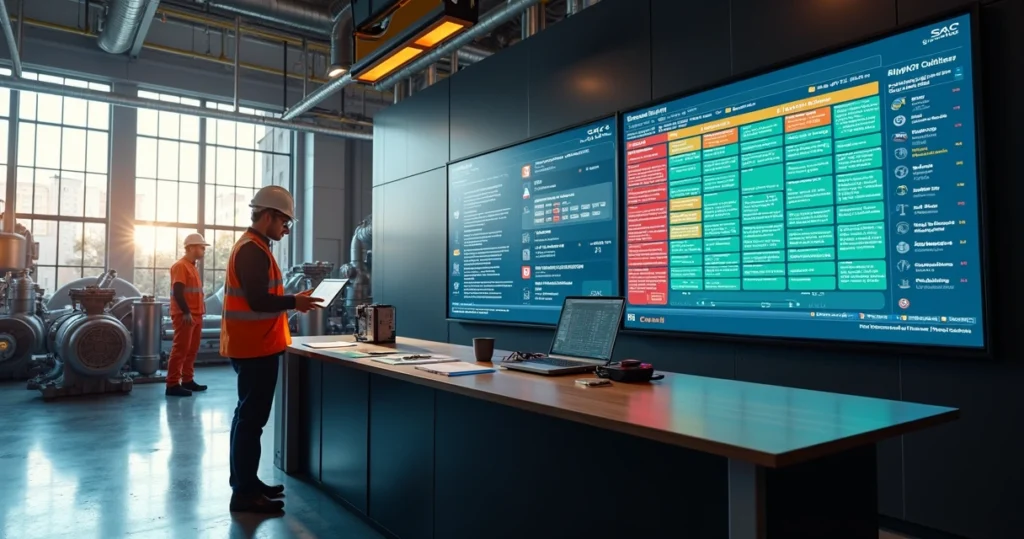 Backlog de ordens de manutenção sendo priorizado por painel digital em ambiente industrial