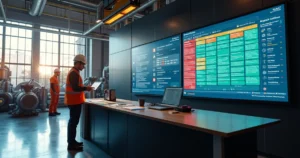 Backlog de ordens de manutenção sendo priorizado por painel digital em ambiente industrial