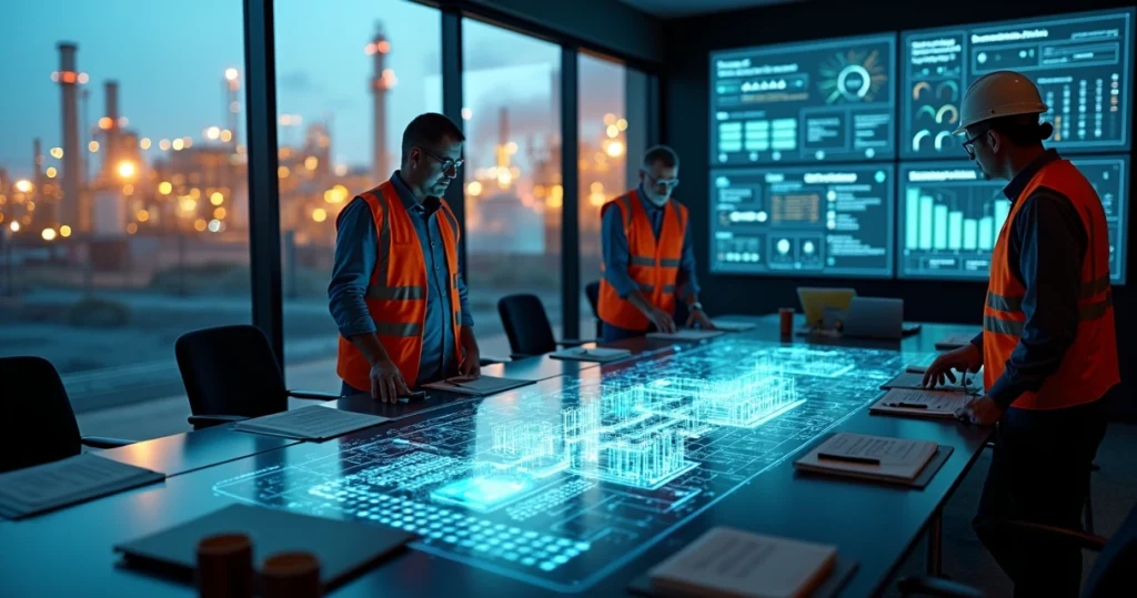 Engenheiros em sala de controle industrial conectando documentos digitais a uma planta em vista aérea