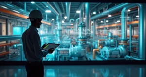 Engenheiro observa modelo digital de ativos industriais em parede de telas
