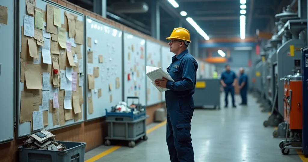 Engenheiro compara paredes cheias de ordens de manutenção no chão de fábrica