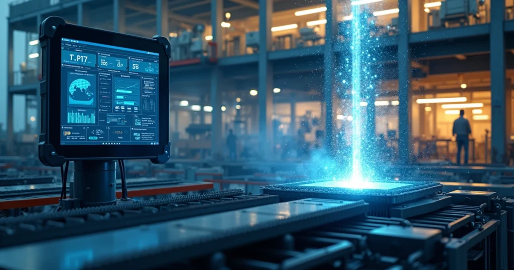 Fluxo de dados conectando tablet no chão de fábrica a tela de ERP corporativo