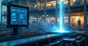 Fluxo de dados conectando tablet no chão de fábrica a tela de ERP corporativo