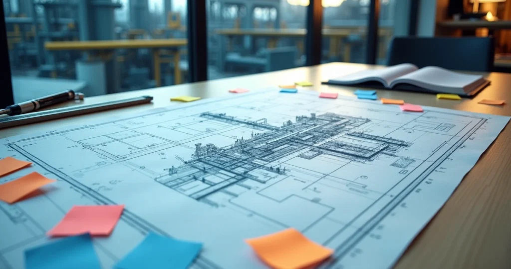 Planta industrial impressa sobre mesa de projeto com marcações de escopo se espalhando de forma caótica