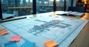 Planta industrial impressa sobre mesa de projeto com marcações de escopo se espalhando de forma caótica