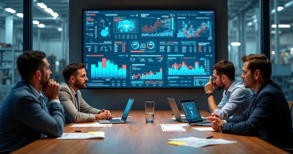 Gestores em sala de reunião diante de painel digital caótico de indicadores