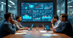 Gestores em sala de reunião diante de painel digital caótico de indicadores