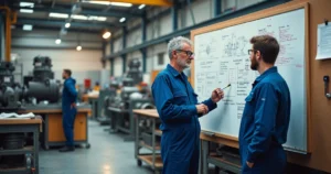 Técnico experiente explicando painel industrial para colega mais jovem em área de manutenção