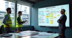 Equipe industrial definiindo critérios de sucesso em quadro dividido entre entregas técnicas e indicadores operacionais
