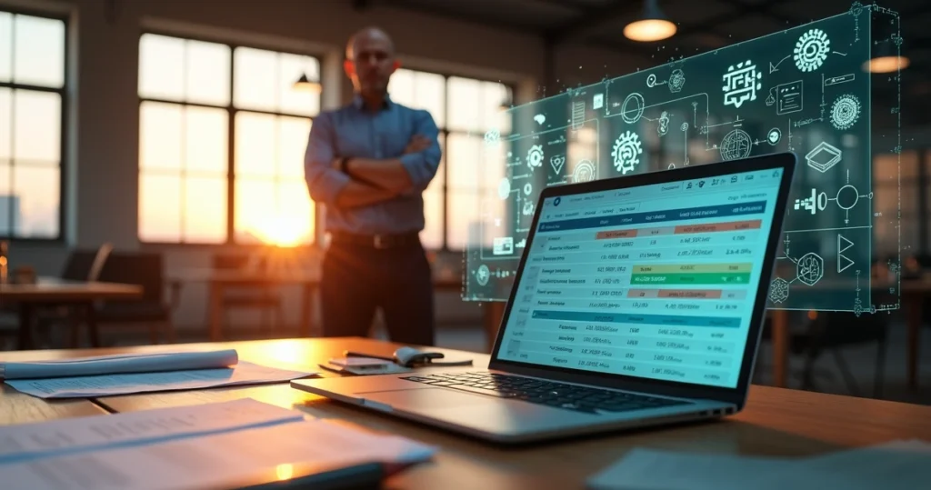 Engenheiro olhando painel digital enquanto IA compara propostas técnicas em laptop