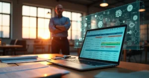 Engenheiro olhando painel digital enquanto IA compara propostas técnicas em laptop