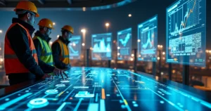 Engenheiros monitoram ativos industriais em painel digital com dados em tempo real