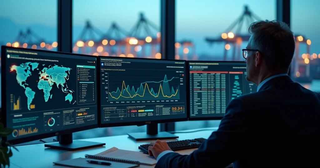 Gestor analisa gráficos de lead time de fornecedores em painel com linhas ao redor do mundo