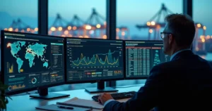 Gestor analisa gráficos de lead time de fornecedores em painel com linhas ao redor do mundo