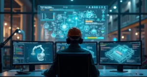 Engenheiro em sala de controle industrial observa braço robótico com análise de causa raiz projetada em holograma