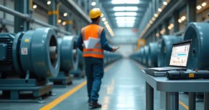 Técnico realizando inspeção preditiva com coletor de dados em linha industrial