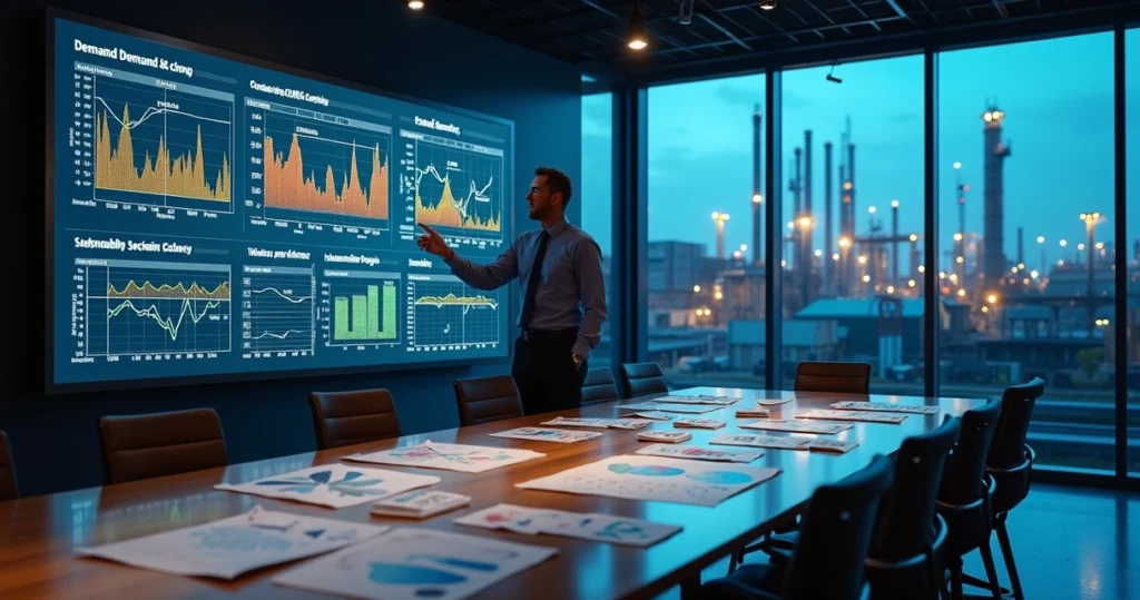 Gestor compara previsões sazonais da cadeia de suprimentos industrial em painel digital amplo
