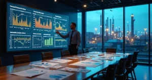 Gestor compara previsões sazonais da cadeia de suprimentos industrial em painel digital amplo