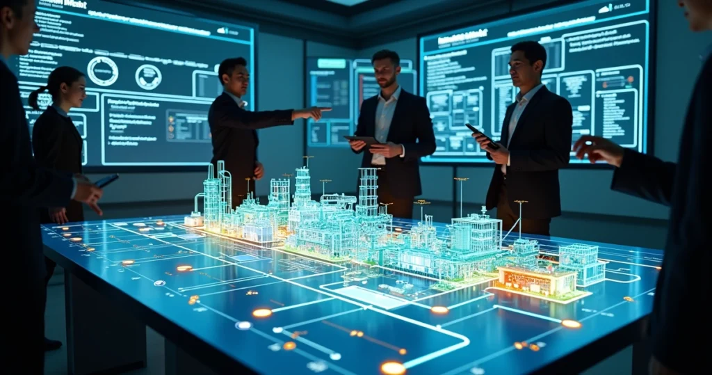Sala de projeto com maquete 3D industrial destacando conexões entre áreas de responsabilidade